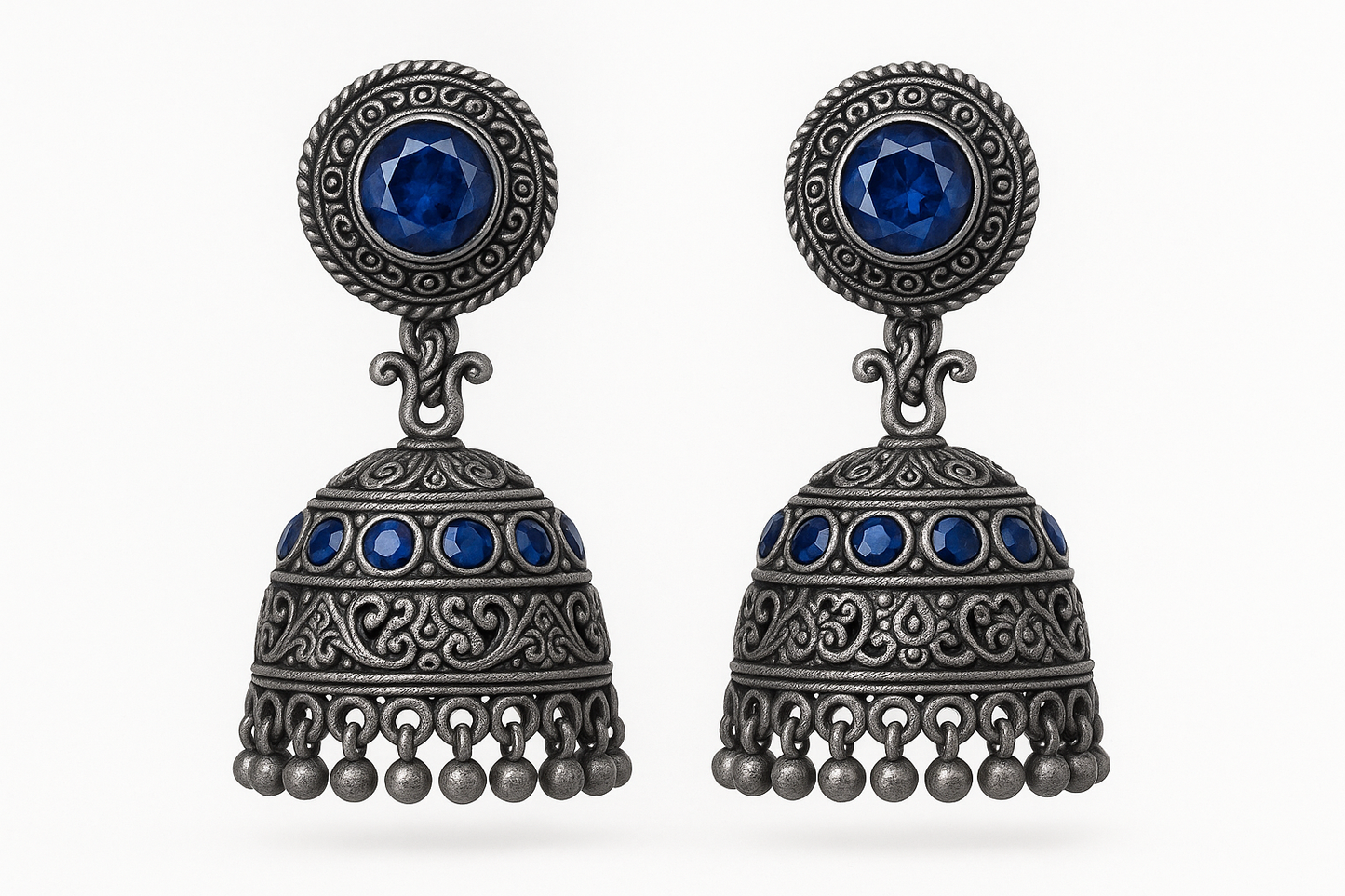 Oxidized Silver Jhumkas 80 with sapphire give the image in png format no background