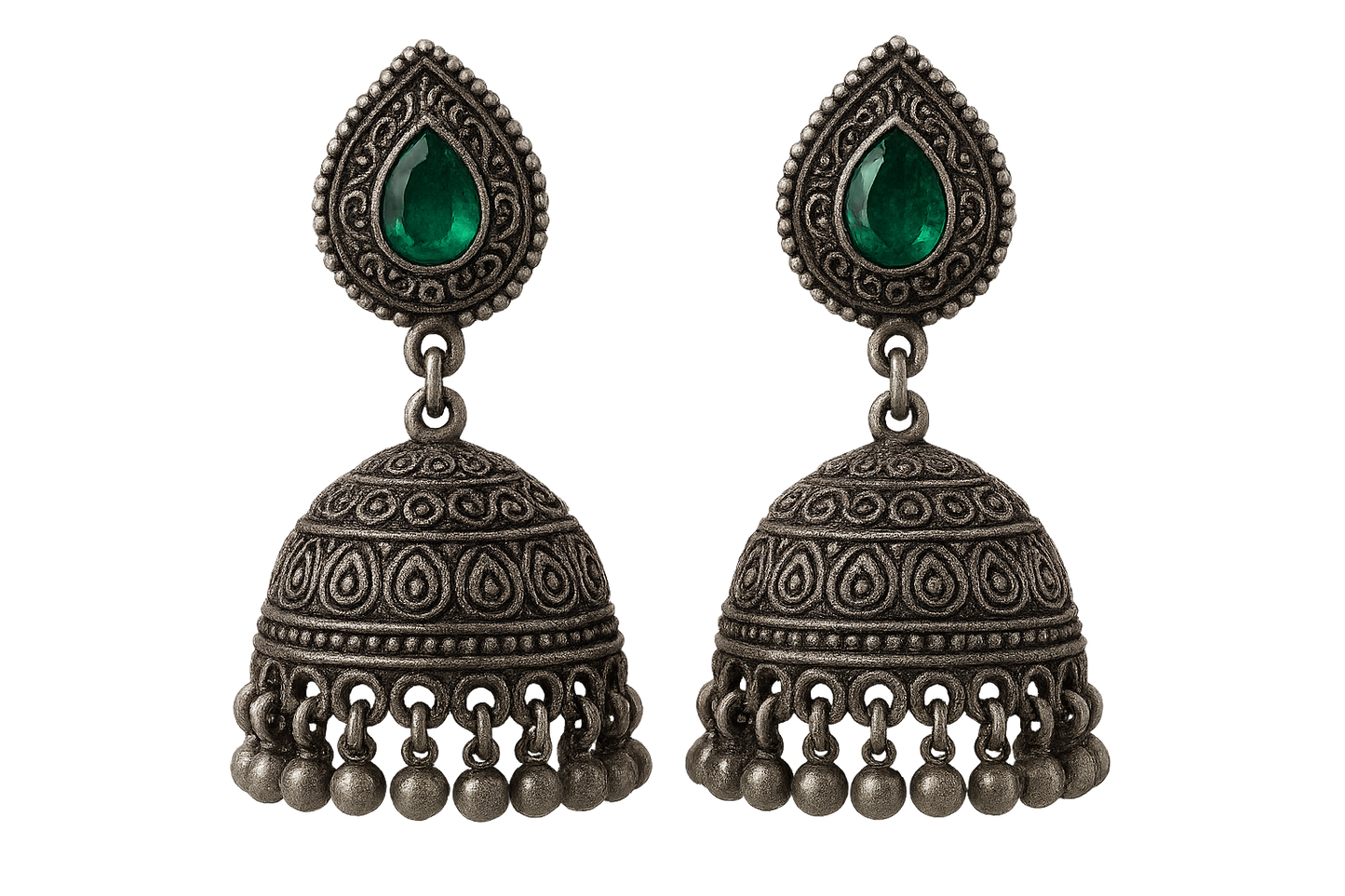Oxidized Silver Jhumkas 9 with emerald give the image in png format no background