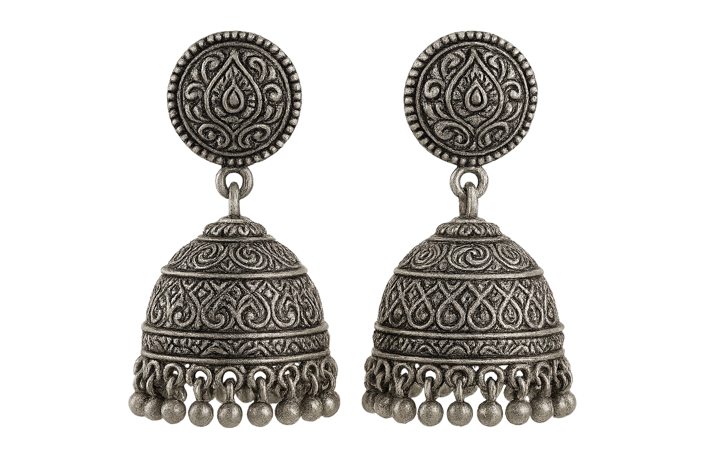 Oxidized Silver Jhumkas 9 with none give the image in png format no background  