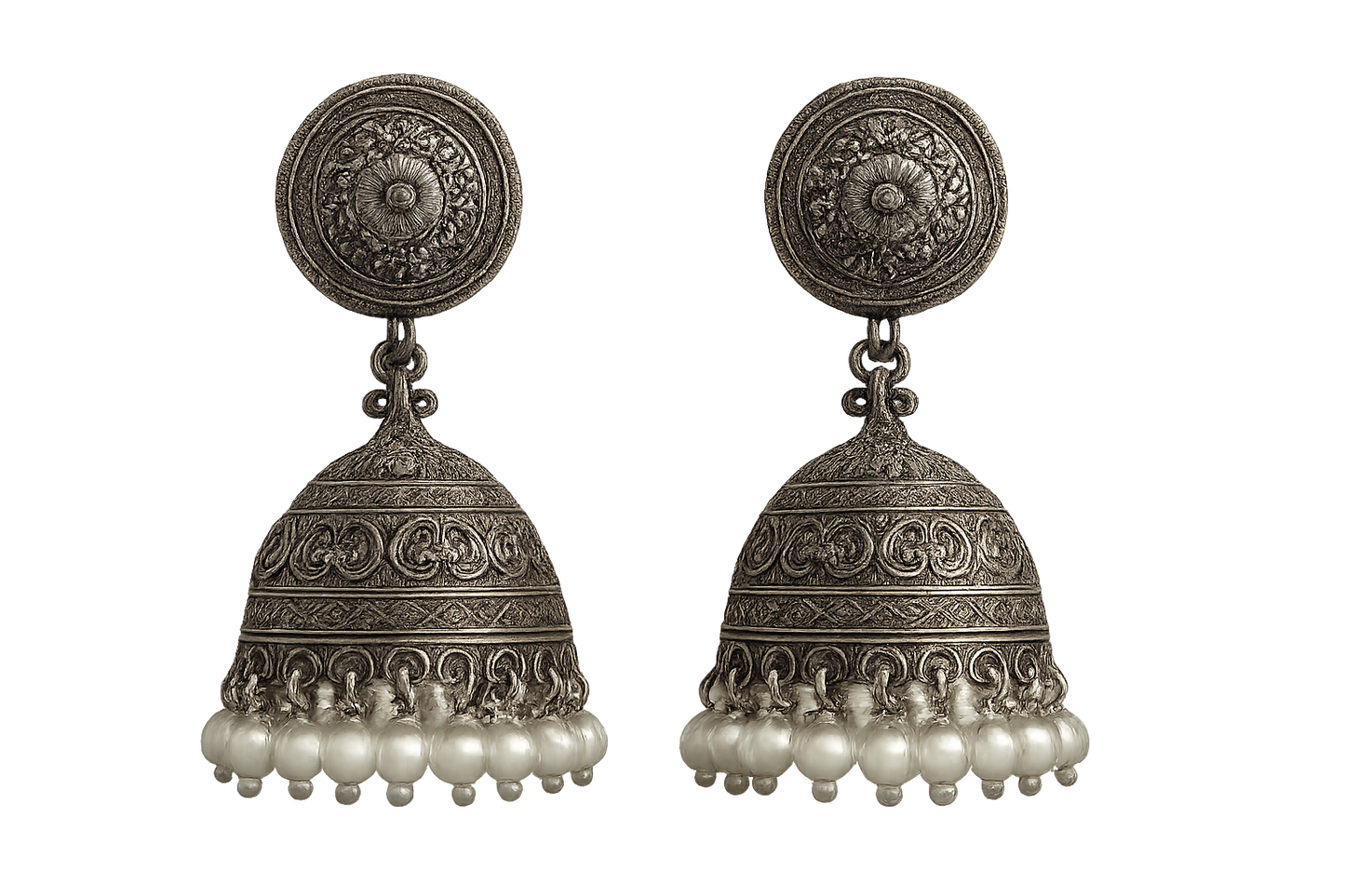 Oxidized Silver Jhumkas 9 with pearl give the image in png format no background 