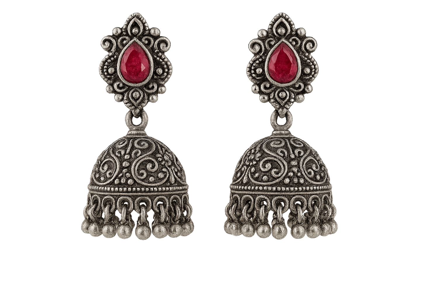 Oxidized Silver Jhumkas 9 with ruby give the image in png format no background 