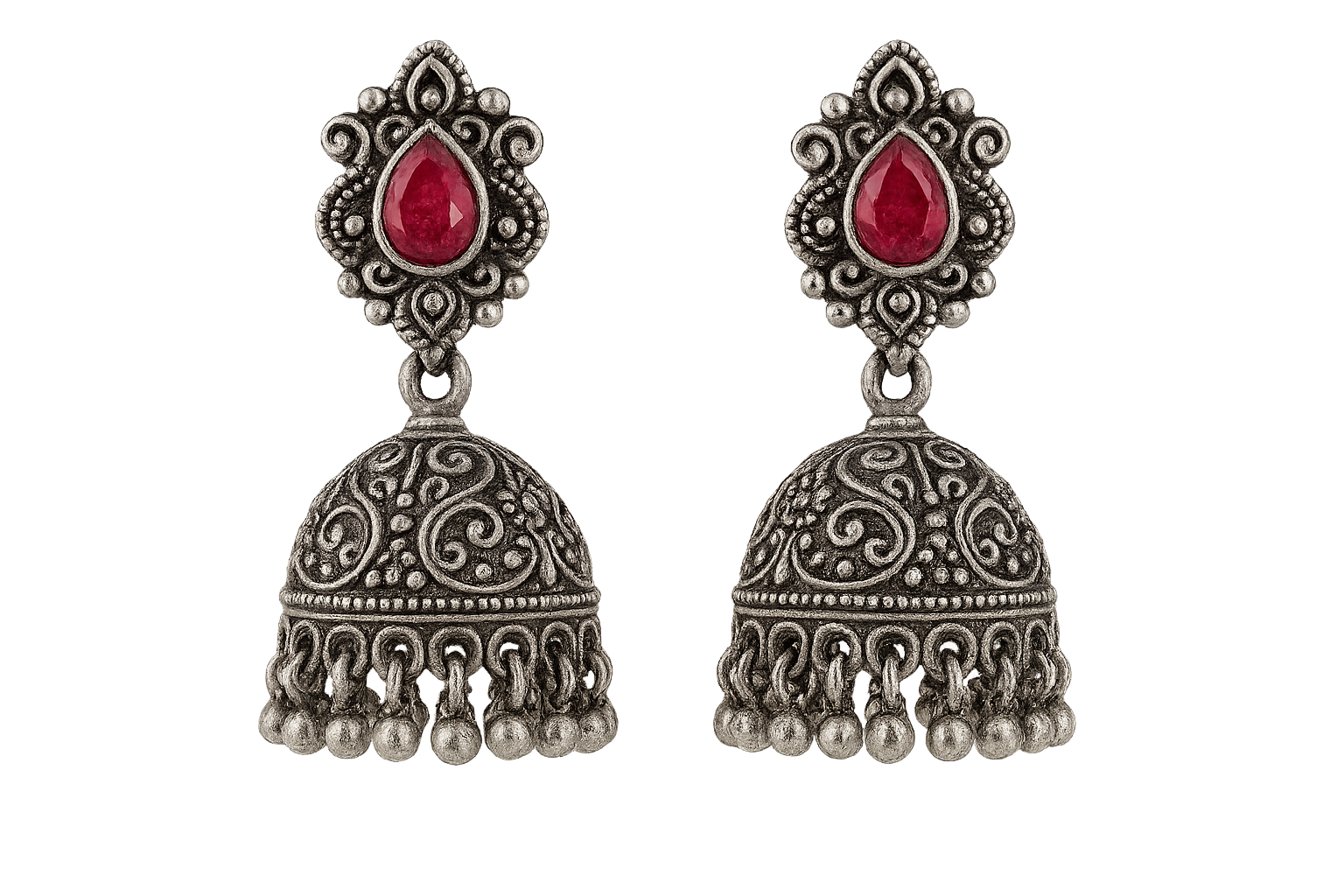 Oxidized Silver Jhumkas 9 with ruby give the image in png format no background 