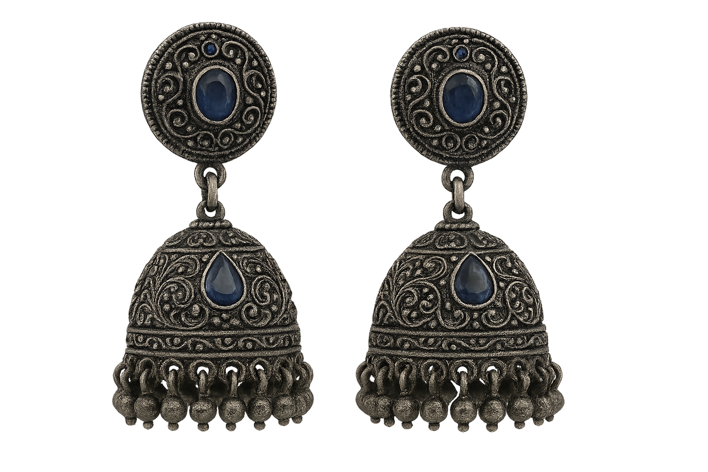 Oxidized Silver Jhumkas 9 with sapphire give the image in png format no background 