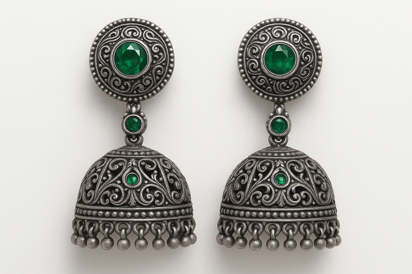 Oxidized Silver Jhumkas 96 with emerald give the image in png format no background