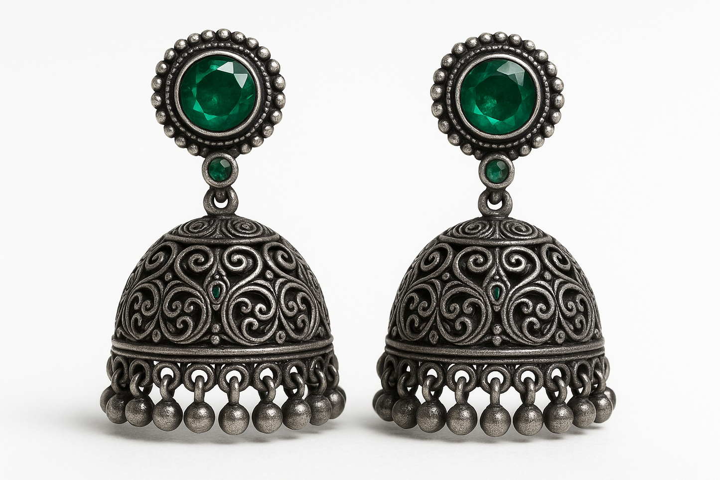 Oxidized Silver Jhumkas 96 with emerald give the image in png format no background
