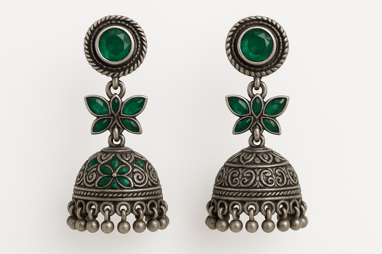 Oxidized Silver Jhumkas 96 with emerald  give the image in png format no background