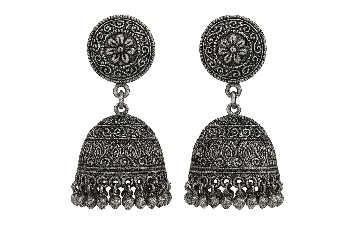 Oxidized Silver Jhumkas 96 with none give the image in png format no background