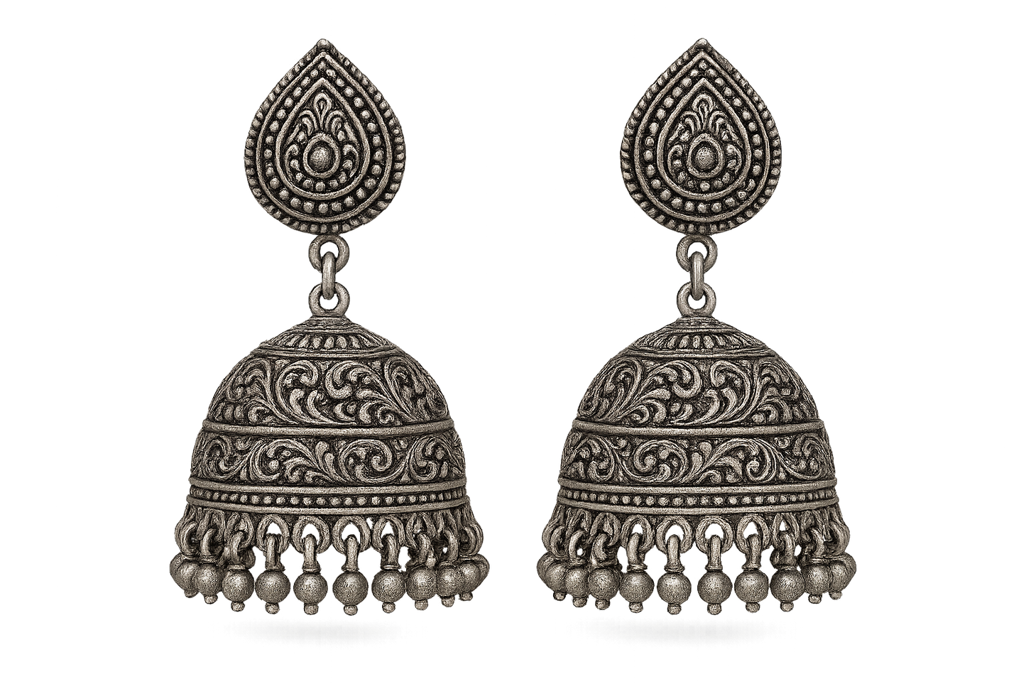 Oxidized Silver Jhumkas 96 with none give the image in png format no background