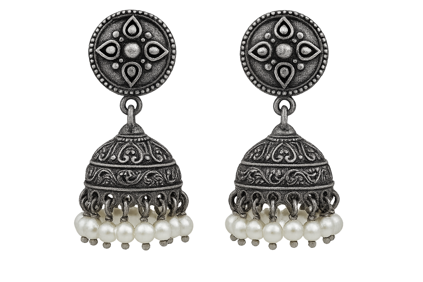 Oxidized Silver Jhumkas 96 with pearl give the image in png format no background