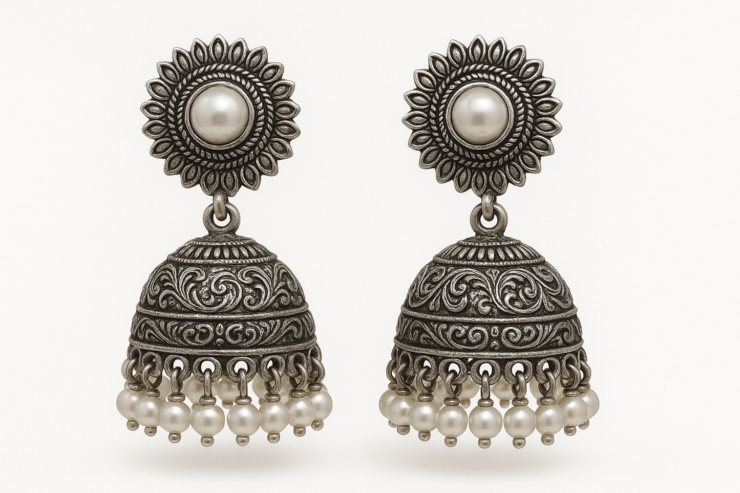 Oxidized Silver Jhumkas 96 with pearl give the image in png format no background