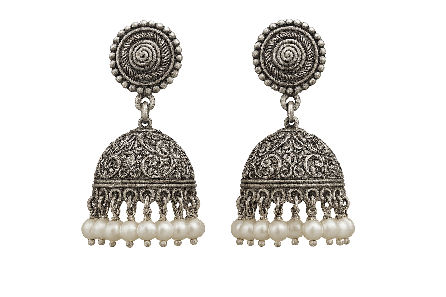 Oxidized Silver Jhumkas 96 with peral give the image in png format no background