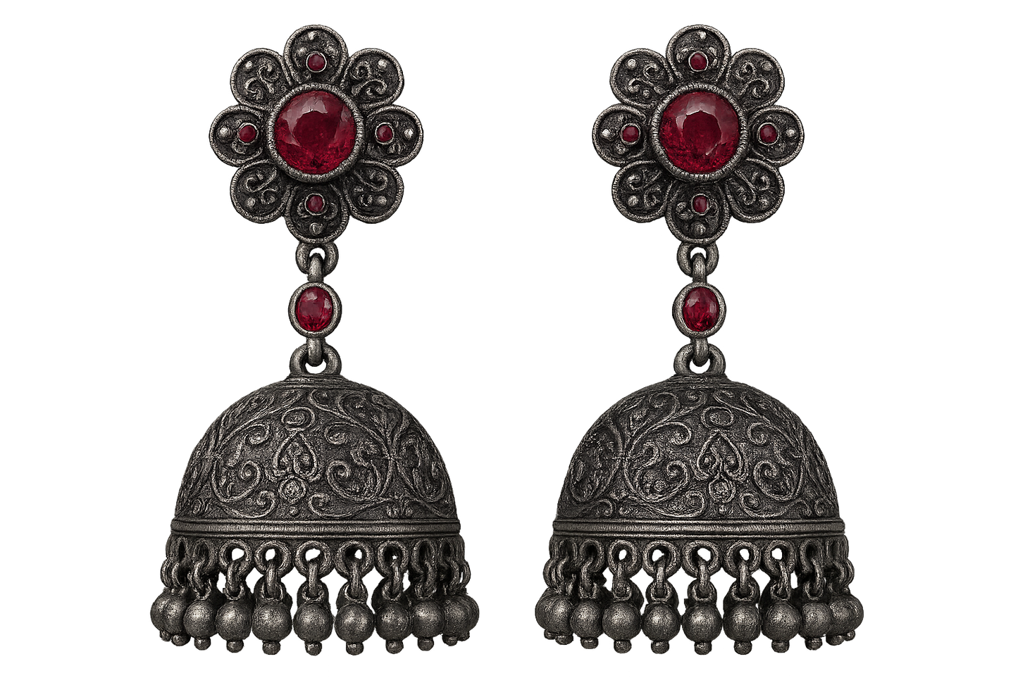 Oxidized Silver Jhumkas 96 with ruby give the image in png format no background