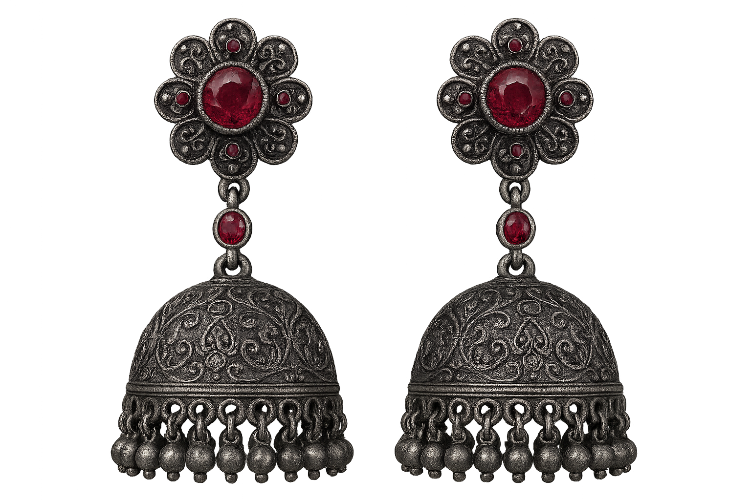 Oxidized Silver Jhumkas 96 with ruby give the image in png format no background
