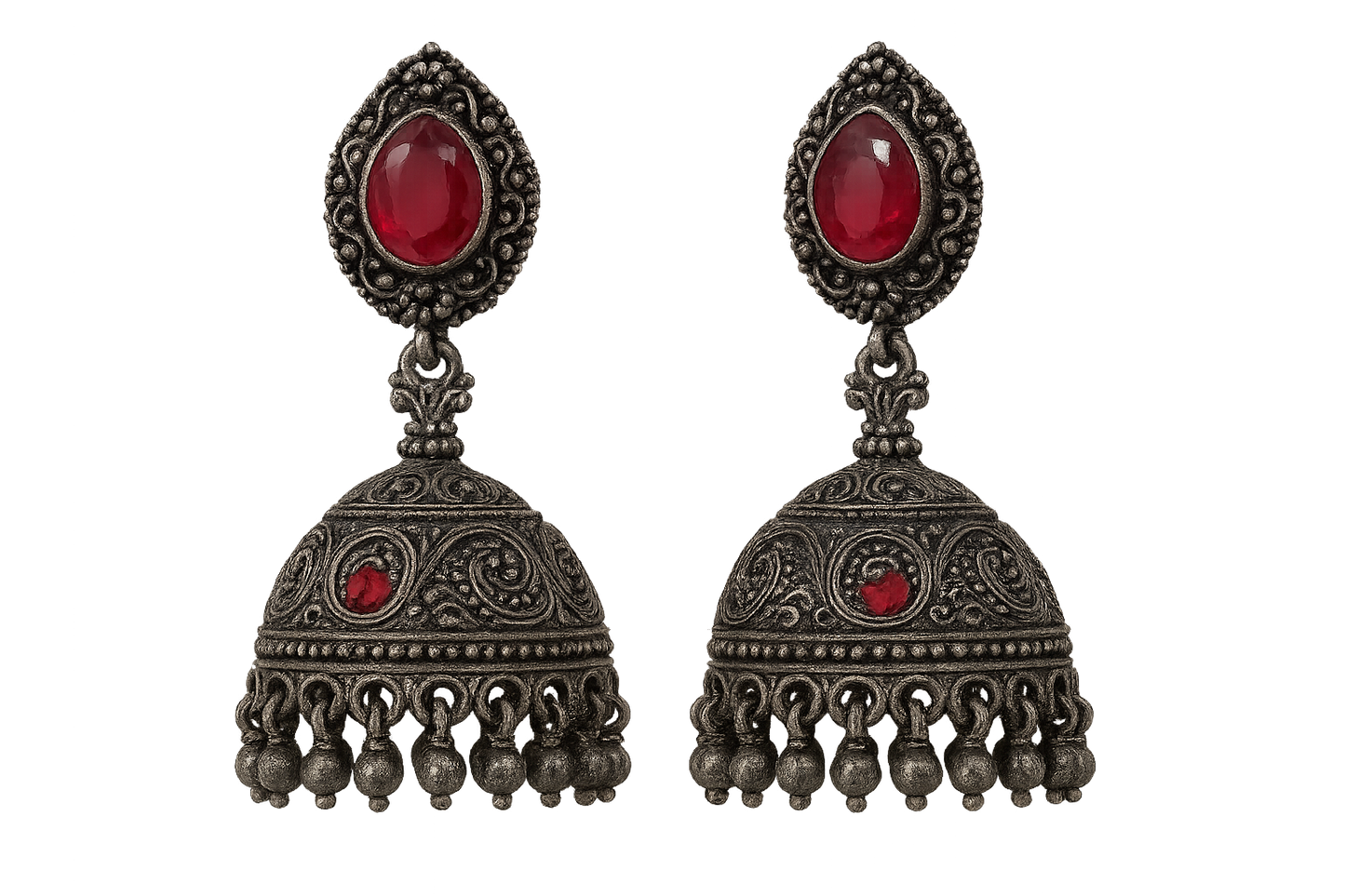 Oxidized Silver Jhumkas 96 with ruby give the image in png format no background