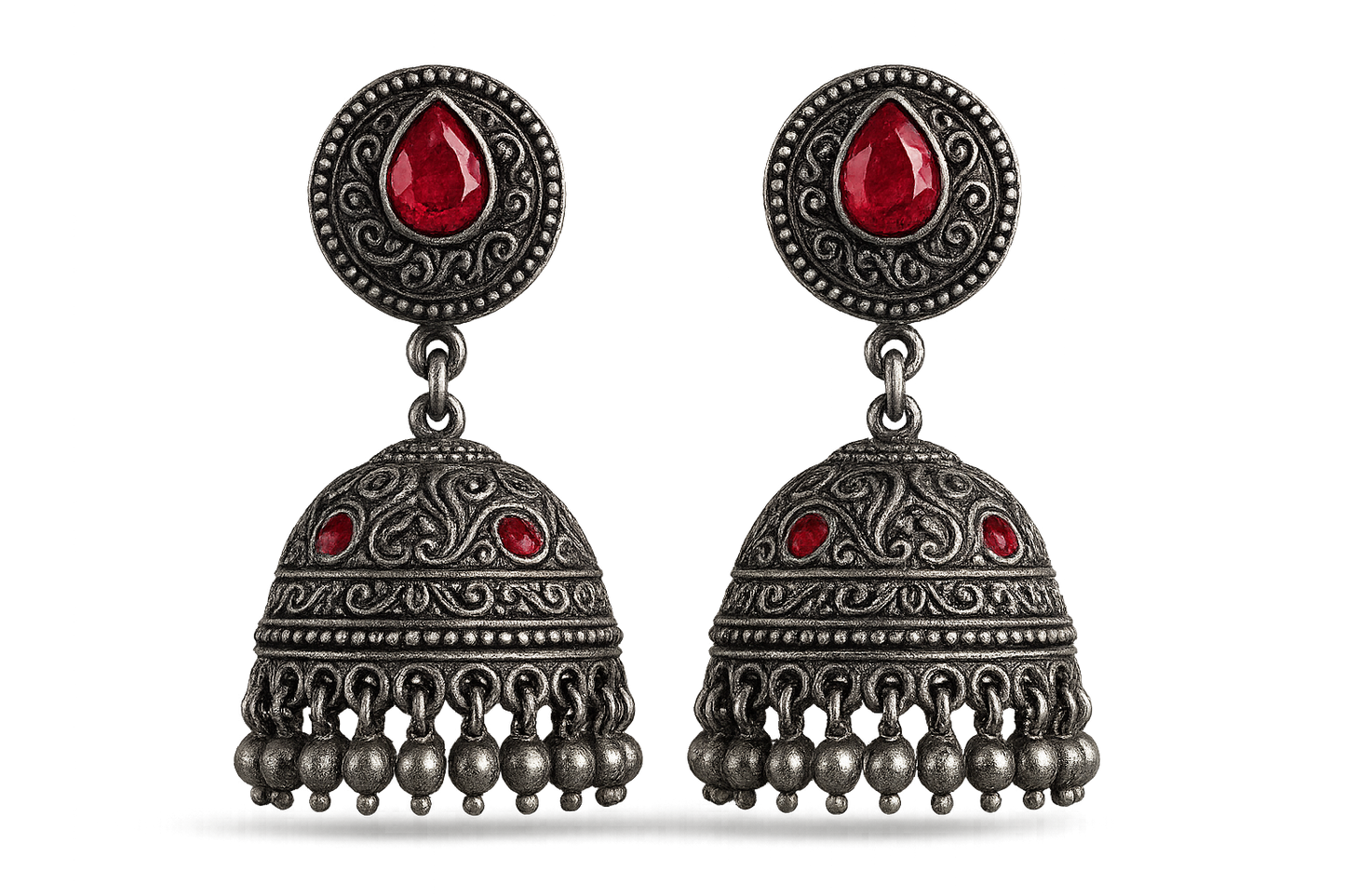 Oxidized Silver Jhumkas 96 with ruby give the image in png format no background