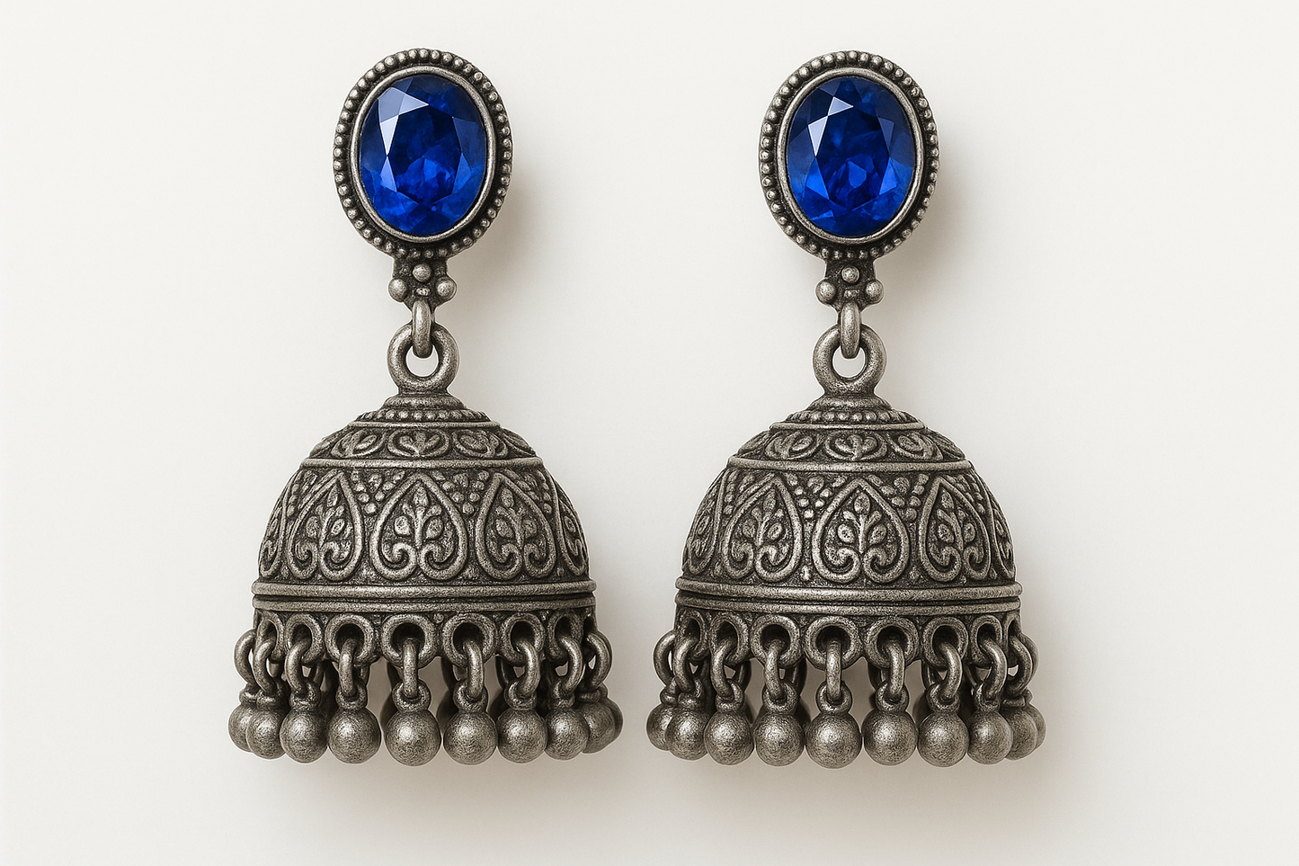 Oxidized Silver Jhumkas 96 with sapphire give the image in png format no background