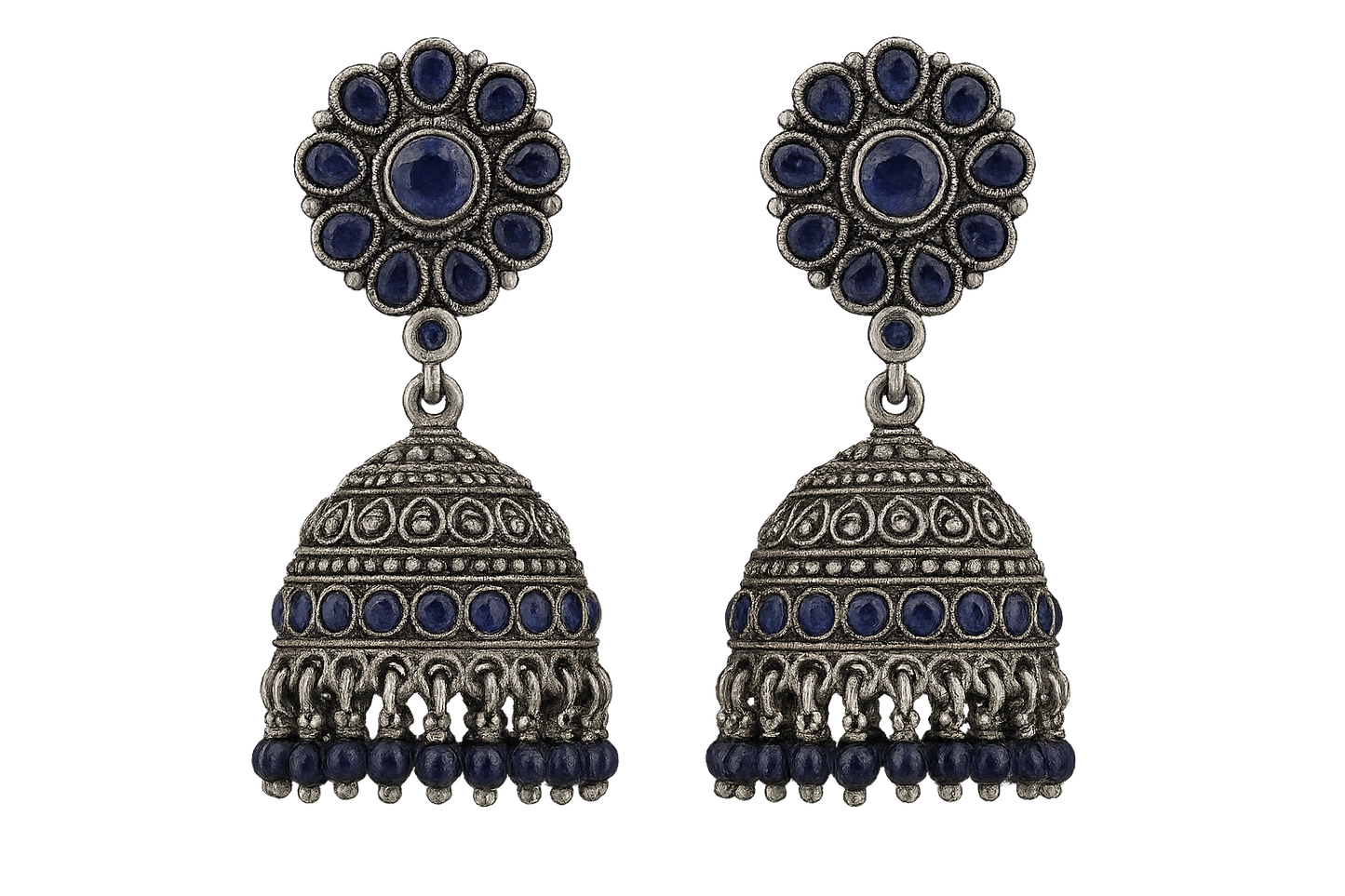 Oxidized Silver Jhumkas 96 with sapphire give the image in png format no background