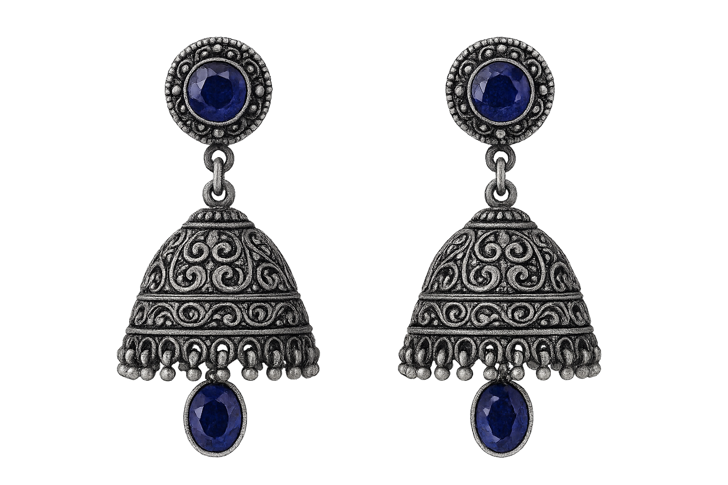 Oxidized Silver Jhumkas 96 with sapphire give the image in png format no background
