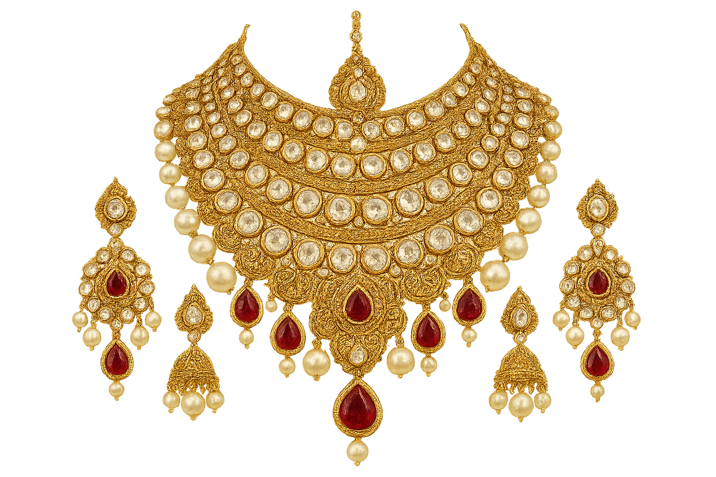 Royal bridal jewelry set with Kundan work including necklace, earrings and maang tikka. give the image in png format no backgroud