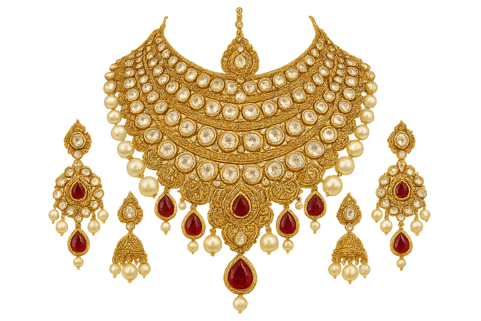 Royal bridal jewelry set with Kundan work including necklace, earrings and maang tikka. give the image in png format no backgroud