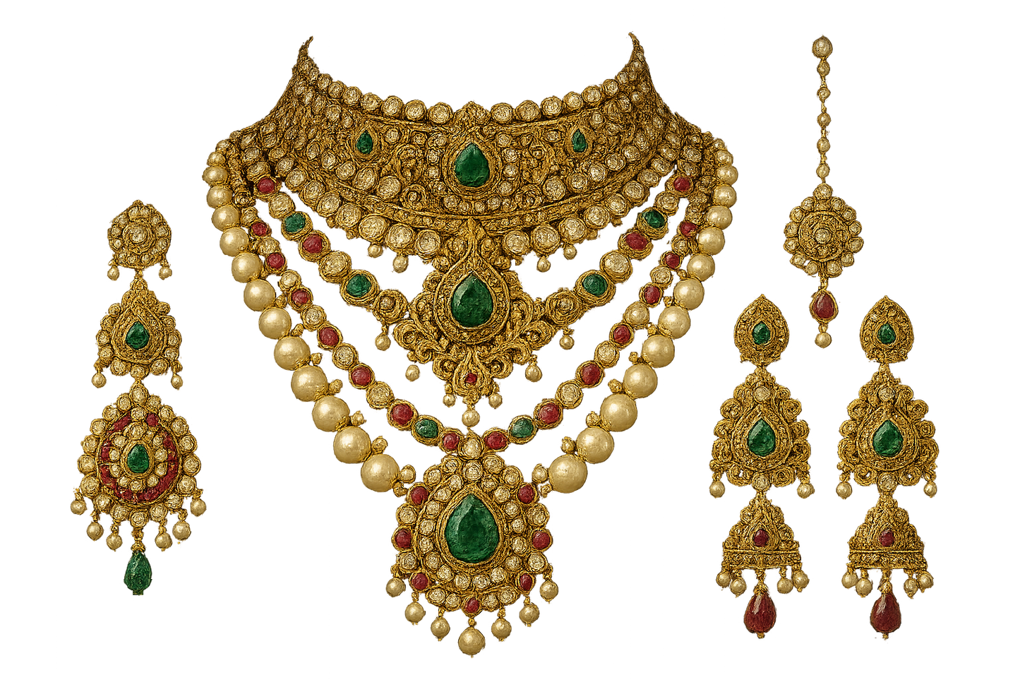 Royal bridal jewelry set with Kundan work including necklace, earrings and maang tikka. give the image in png format no background