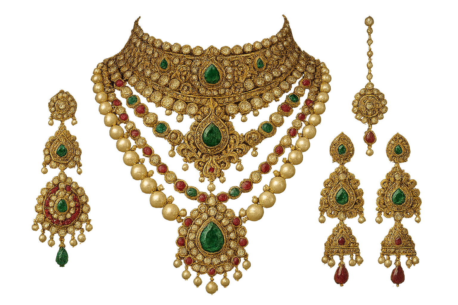 Royal bridal jewelry set with Kundan work including necklace, earrings and maang tikka. give the image in png format no background