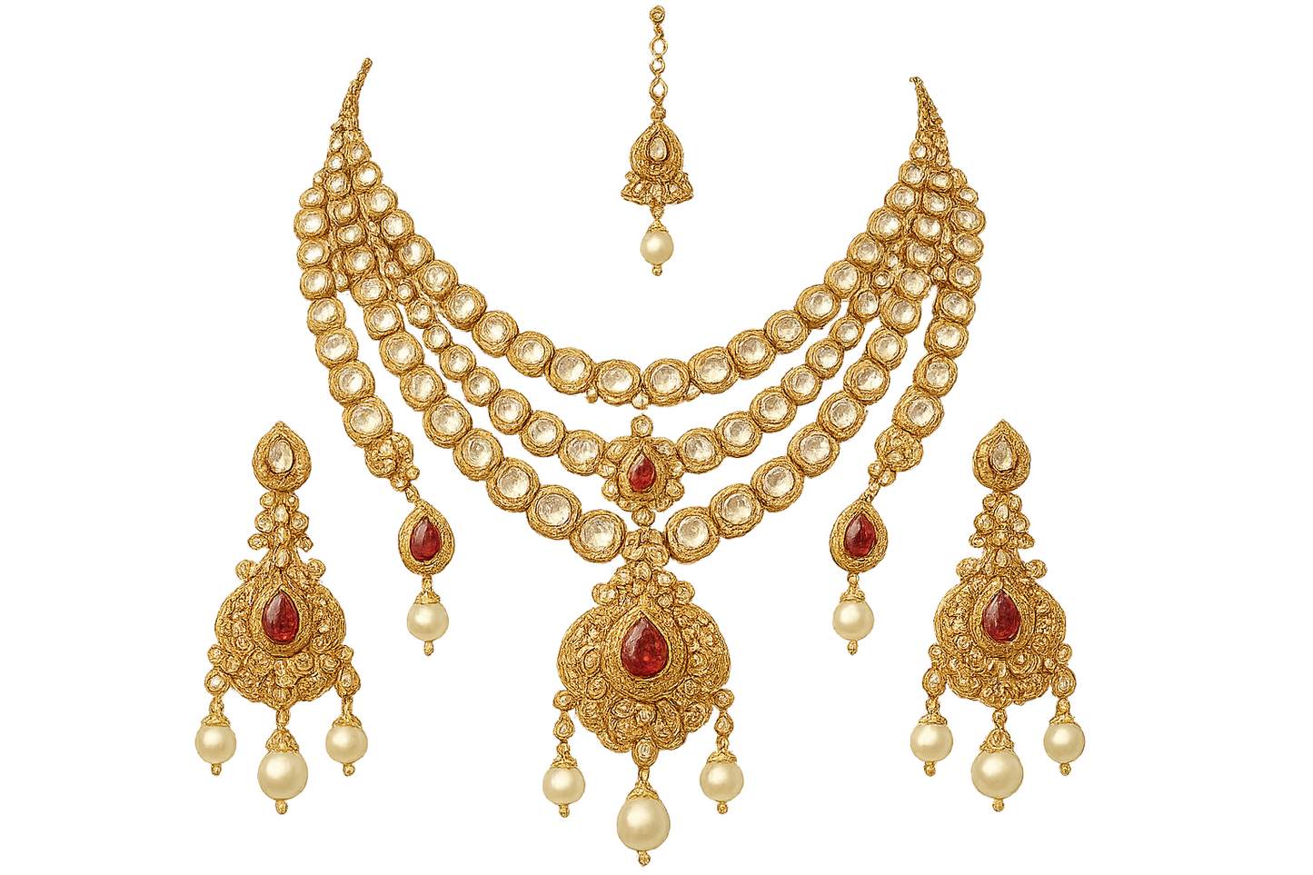 Royal bridal jewelry set with Kundan work including necklace, earrings and maang tikka. give the image in png format no background