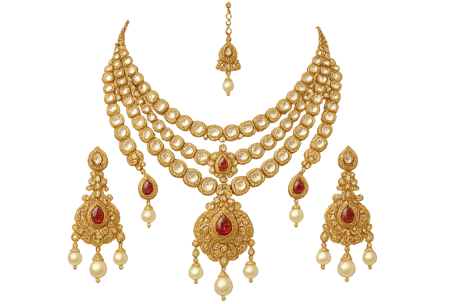 Royal bridal jewelry set with Kundan work including necklace, earrings and maang tikka. give the image in png format no background