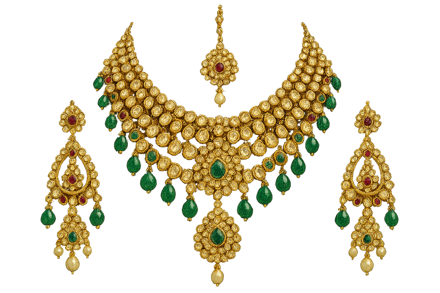 Royal bridal jewelry set with Kundan work including necklace, earrings and maang tikka. give the image in png format no background