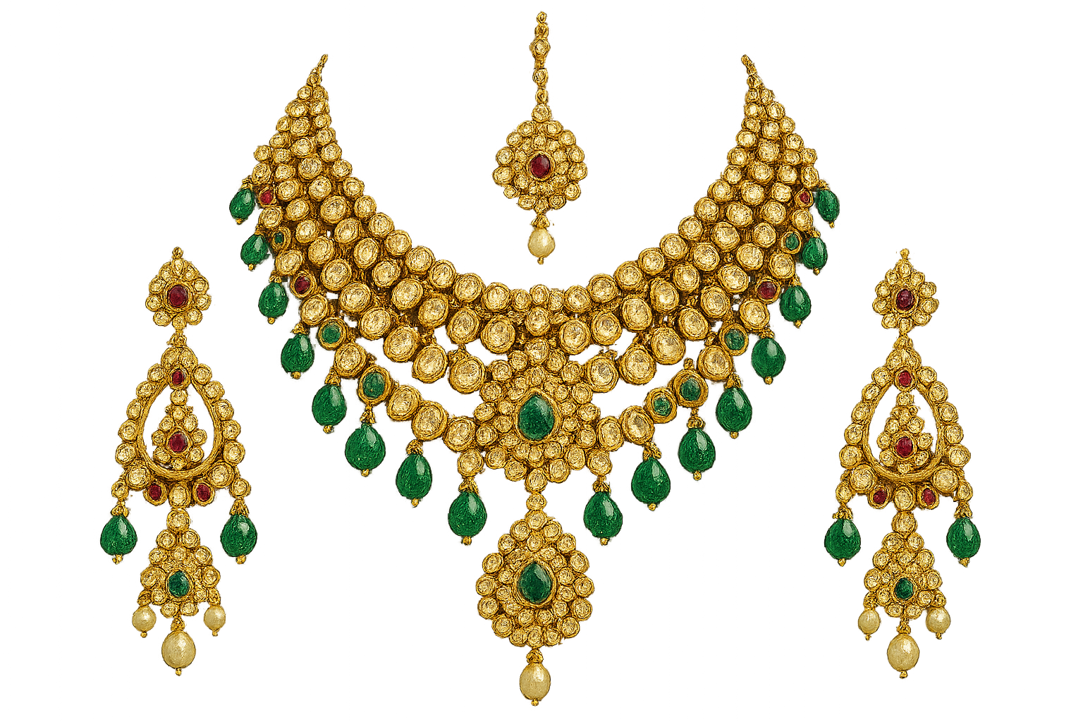 Royal bridal jewelry set with Kundan work including necklace, earrings and maang tikka. give the image in png format no background