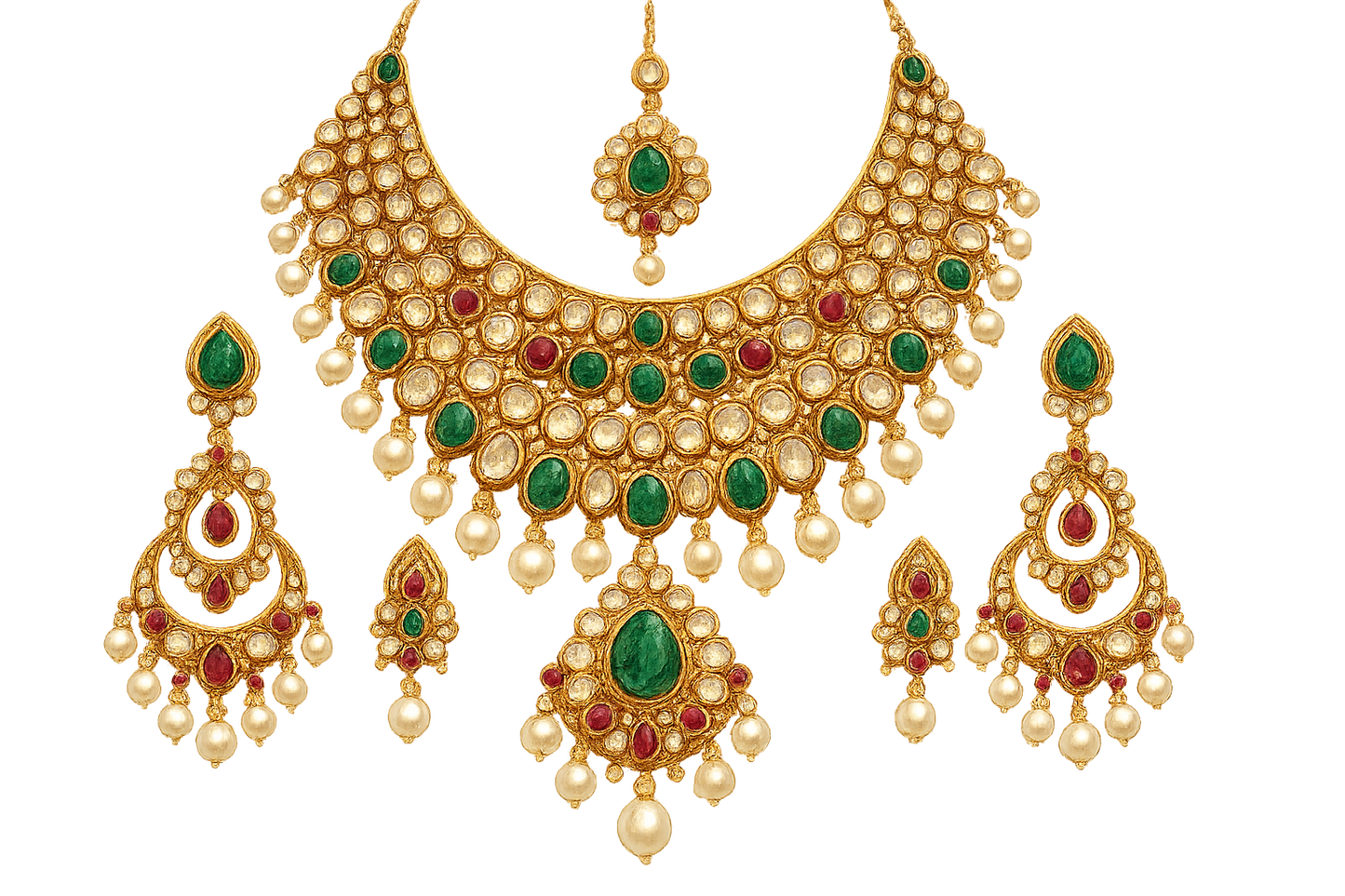 Royal bridal jewelry set with Kundan work including necklace, earrings and maang tikka. give the image in png format no background