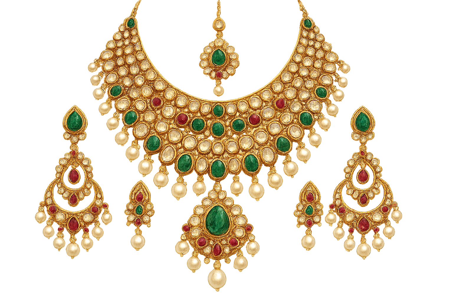 Royal bridal jewelry set with Kundan work including necklace, earrings and maang tikka. give the image in png format no background