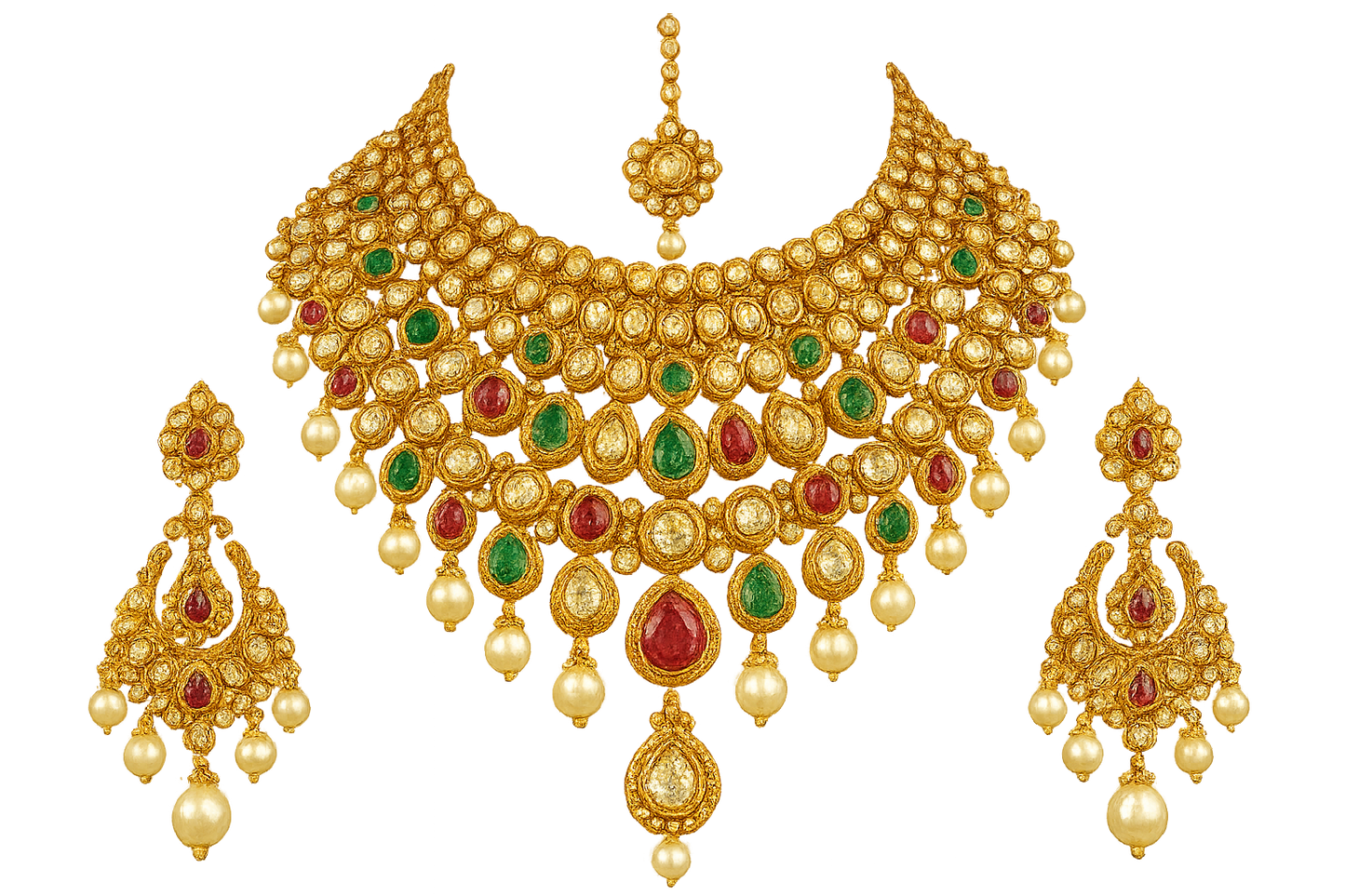 Royal bridal jewelry set with Kundan work including necklace, earrings and maang tikka. give the image in png format no background