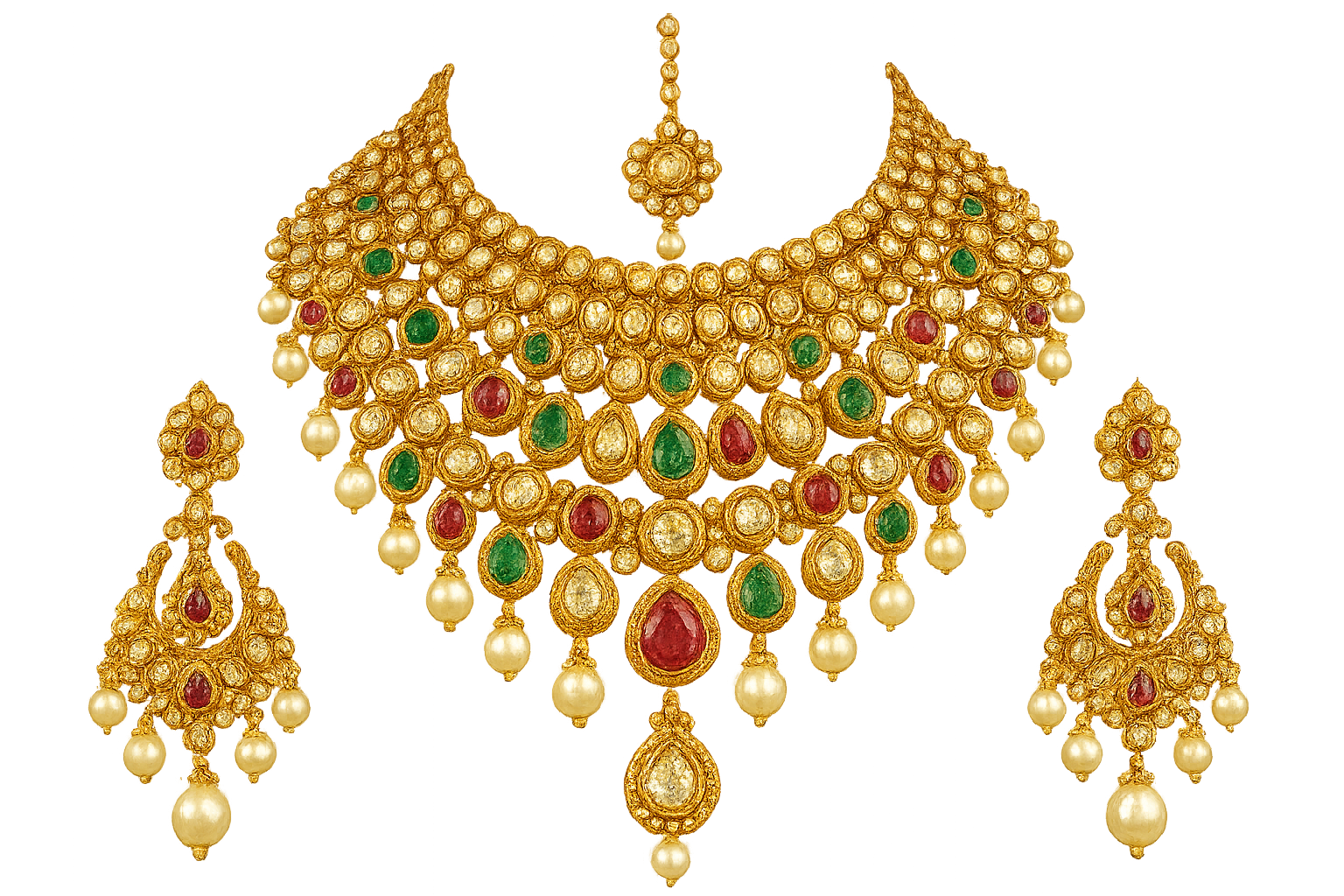 Royal bridal jewelry set with Kundan work including necklace, earrings and maang tikka. give the image in png format no background