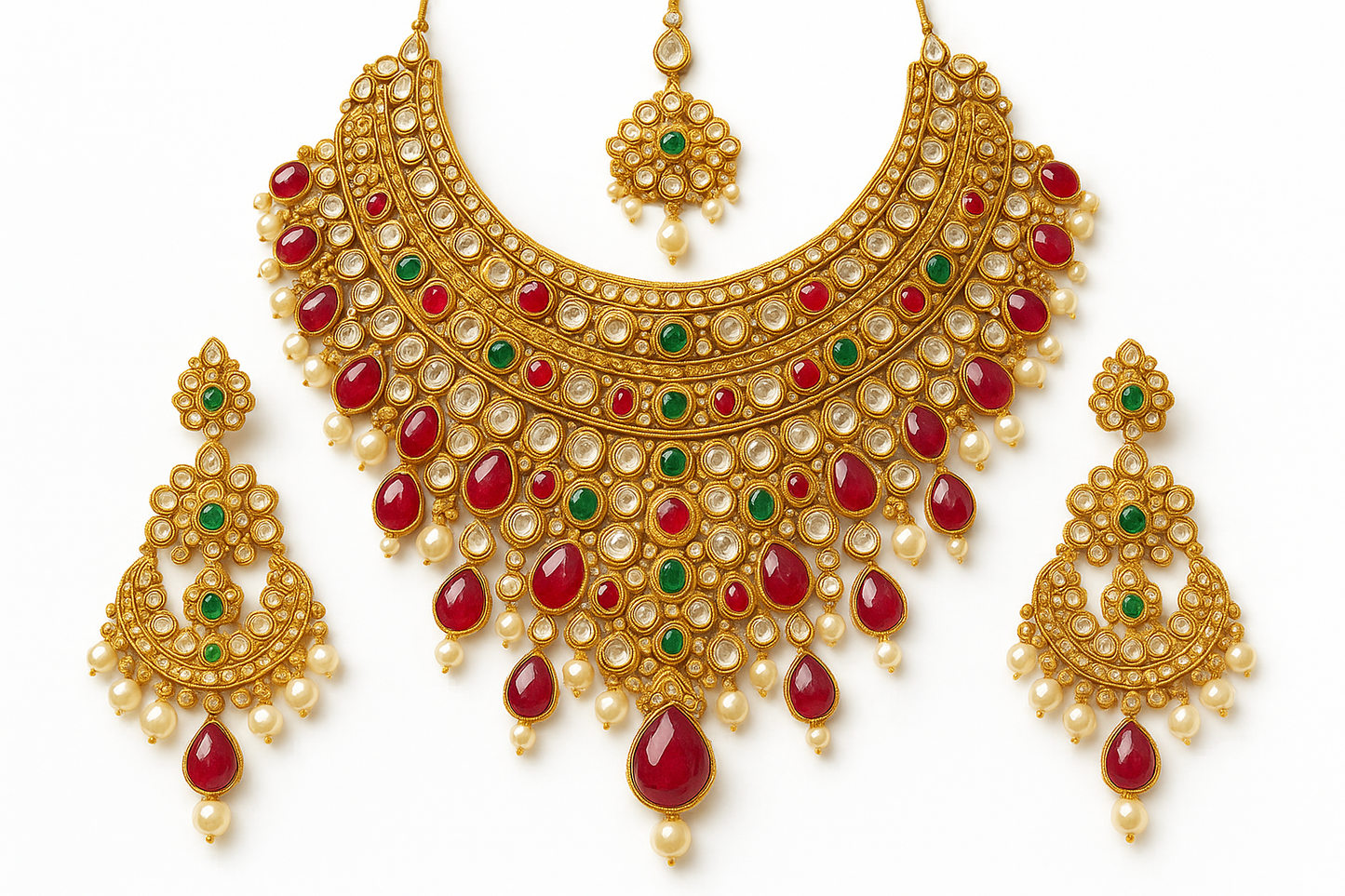 Royal bridal jewelry set with Kundan work including necklace, earrings and maang tikka. give the image in png format no background