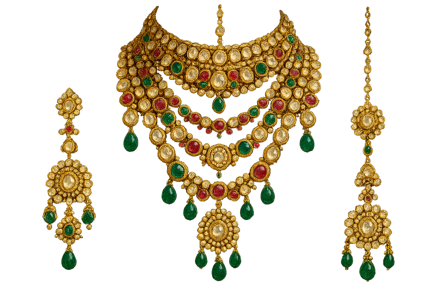Royal bridal jewelry set with Kundan work including necklace, earrings and maang tikka. give the image in png format no background