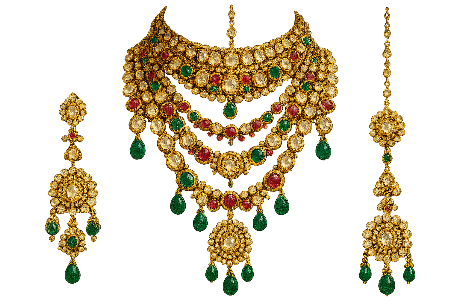 Royal bridal jewelry set with Kundan work including necklace, earrings and maang tikka. give the image in png format no background