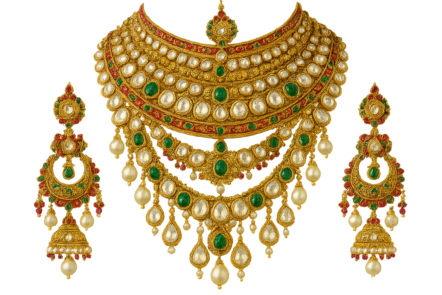 Royal bridal jewelry set with Kundan work including necklace, earrings and maang tikka.give the image in png format no background