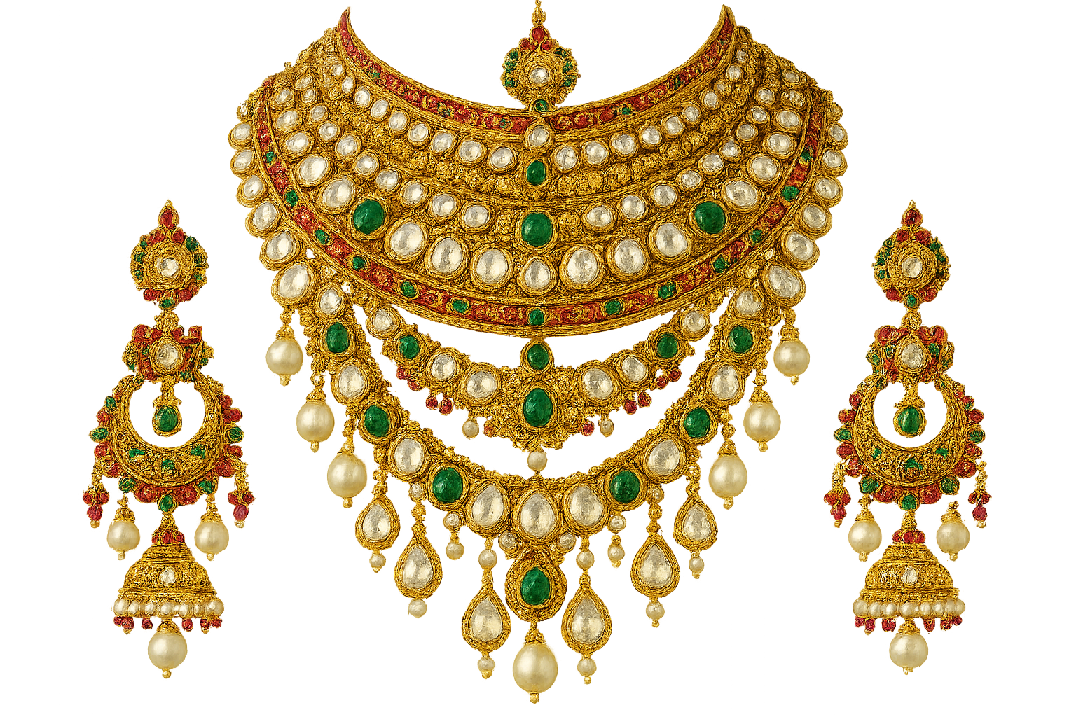 Royal bridal jewelry set with Kundan work including necklace, earrings and maang tikka.give the image in png format no background