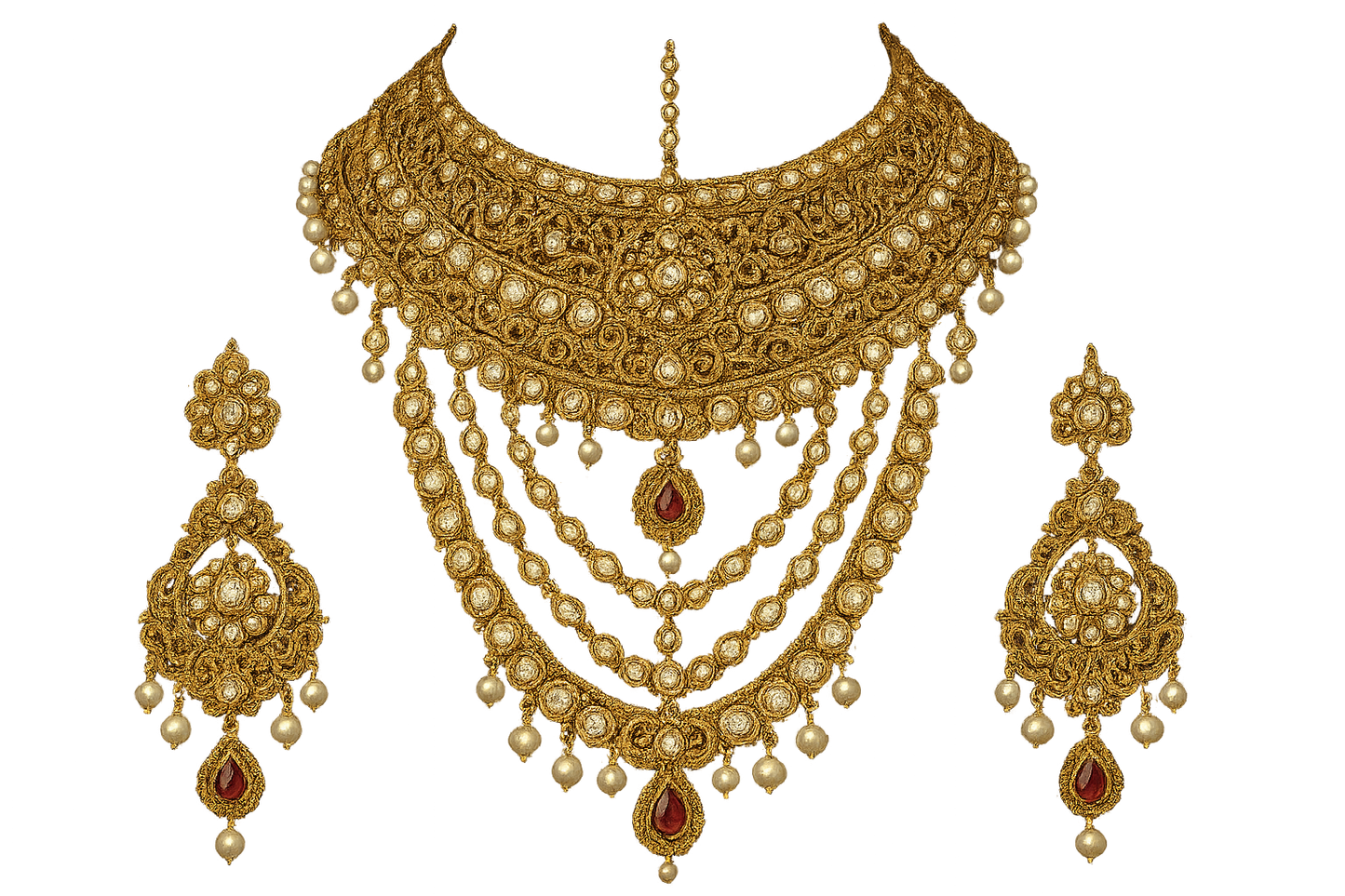 Royal bridal jewelry set with Kundan work including necklace, earrings and maang tikka. give the image in png format no background
