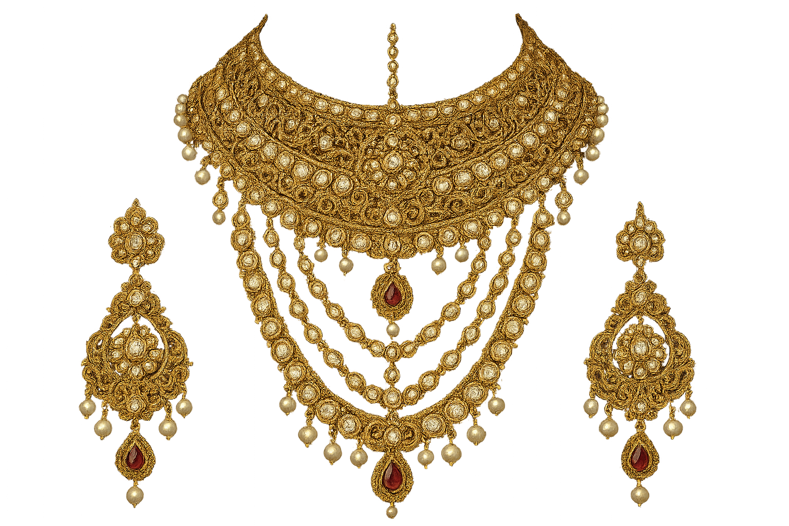 Royal bridal jewelry set with Kundan work including necklace, earrings and maang tikka. give the image in png format no background