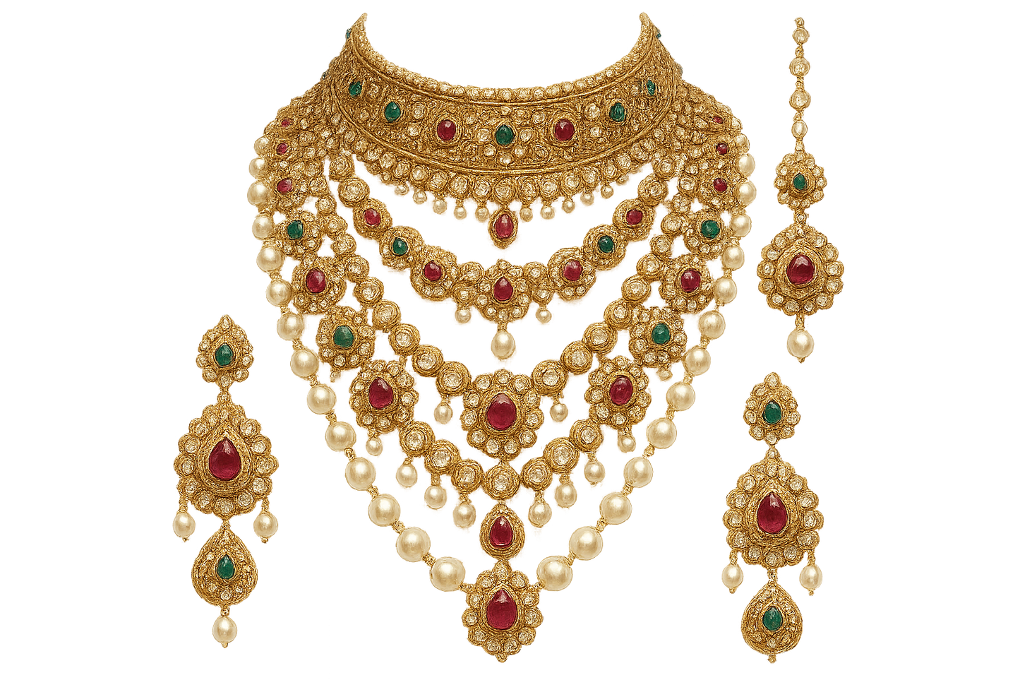 Royal bridal jewelry set with Kundan work including necklace, earrings and maang tikka. give the image in png format no background