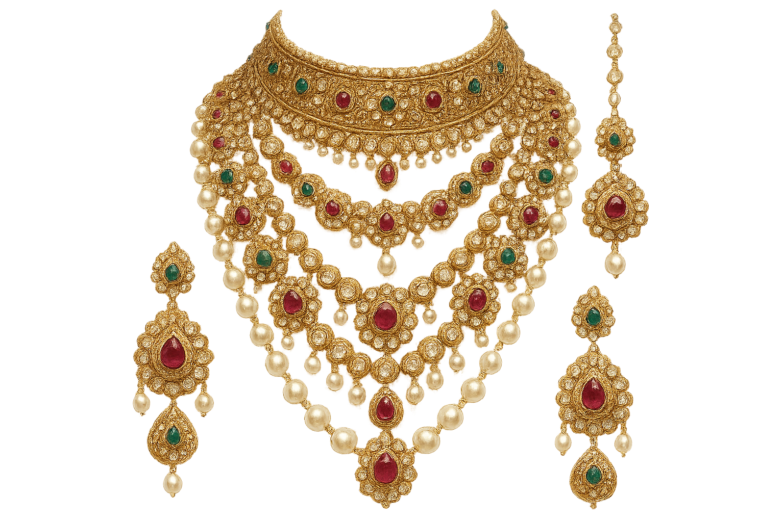 Royal bridal jewelry set with Kundan work including necklace, earrings and maang tikka. give the image in png format no background