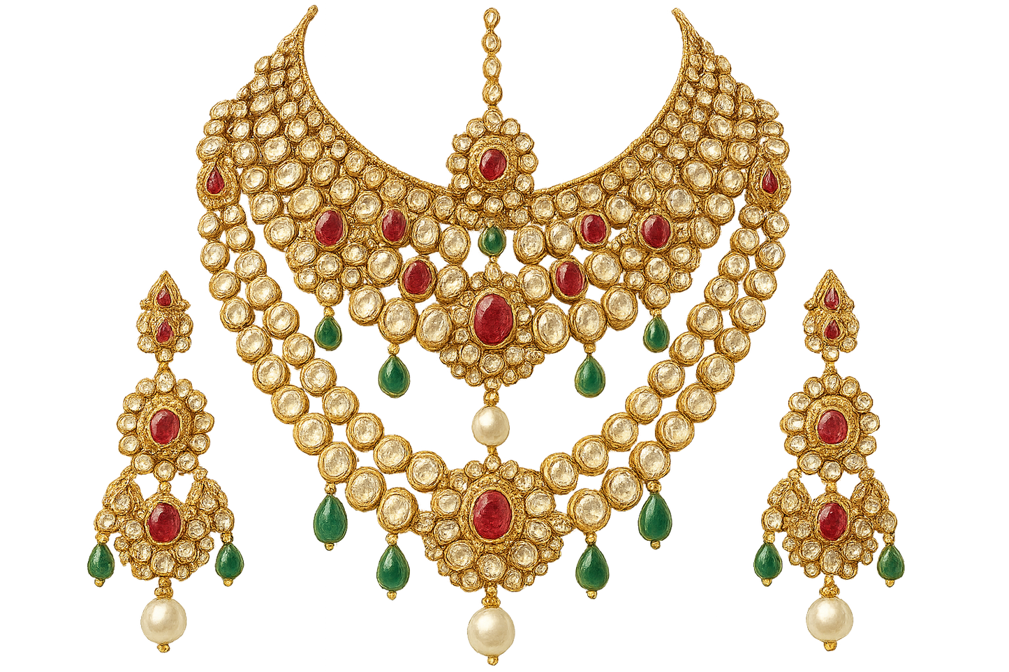 Royal bridal jewelry set with Kundan work including necklace, earrings and maang tikka. give the image in png format no background
