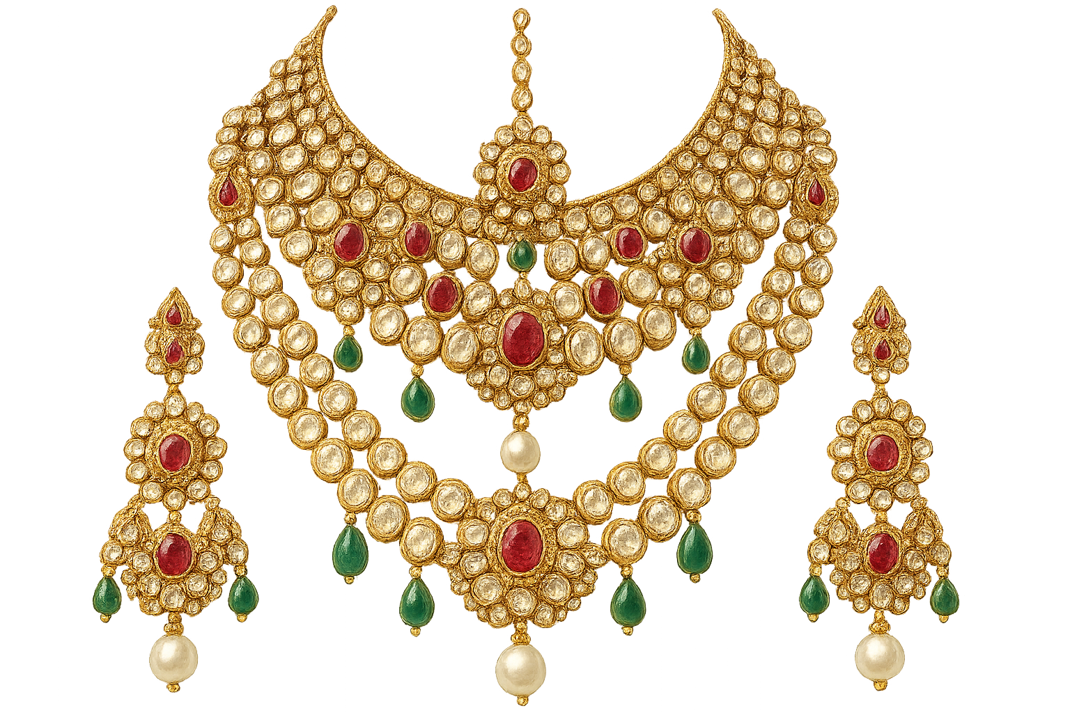 Royal bridal jewelry set with Kundan work including necklace, earrings and maang tikka. give the image in png format no background