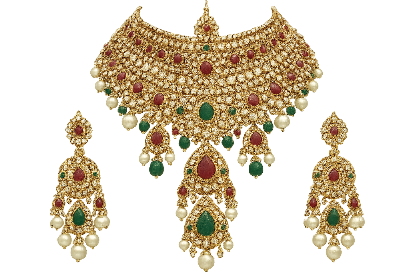 Royal bridal jewelry set with Kundan work including necklace, earrings and maang tikka. give the image in png format no background