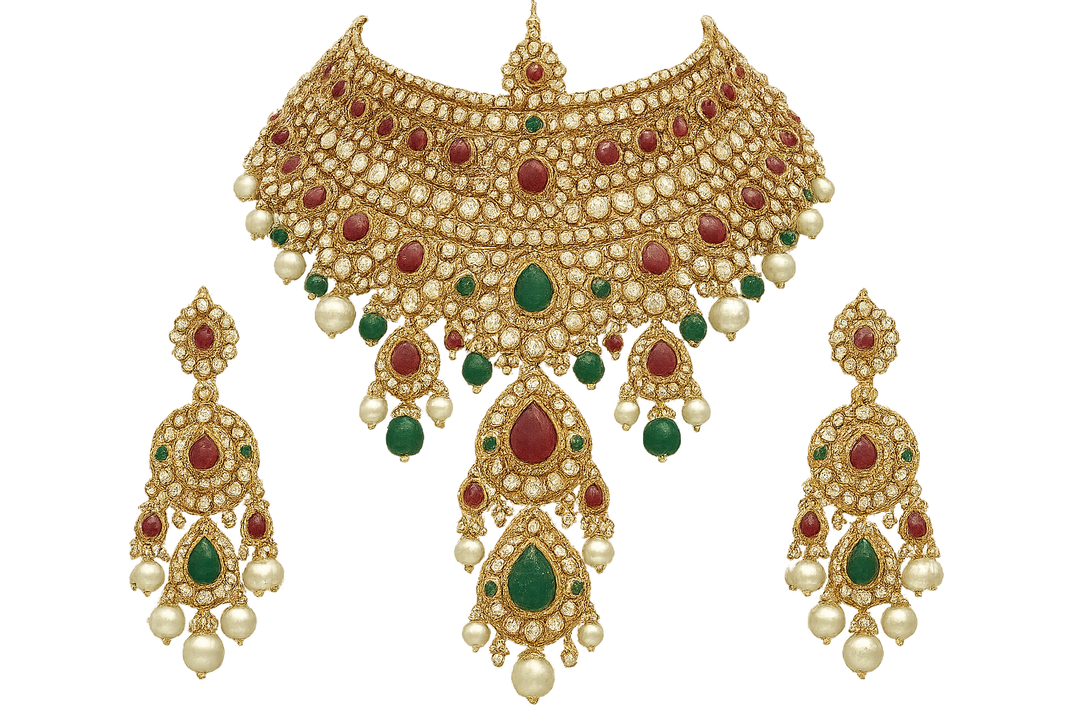 Royal bridal jewelry set with Kundan work including necklace, earrings and maang tikka. give the image in png format no background
