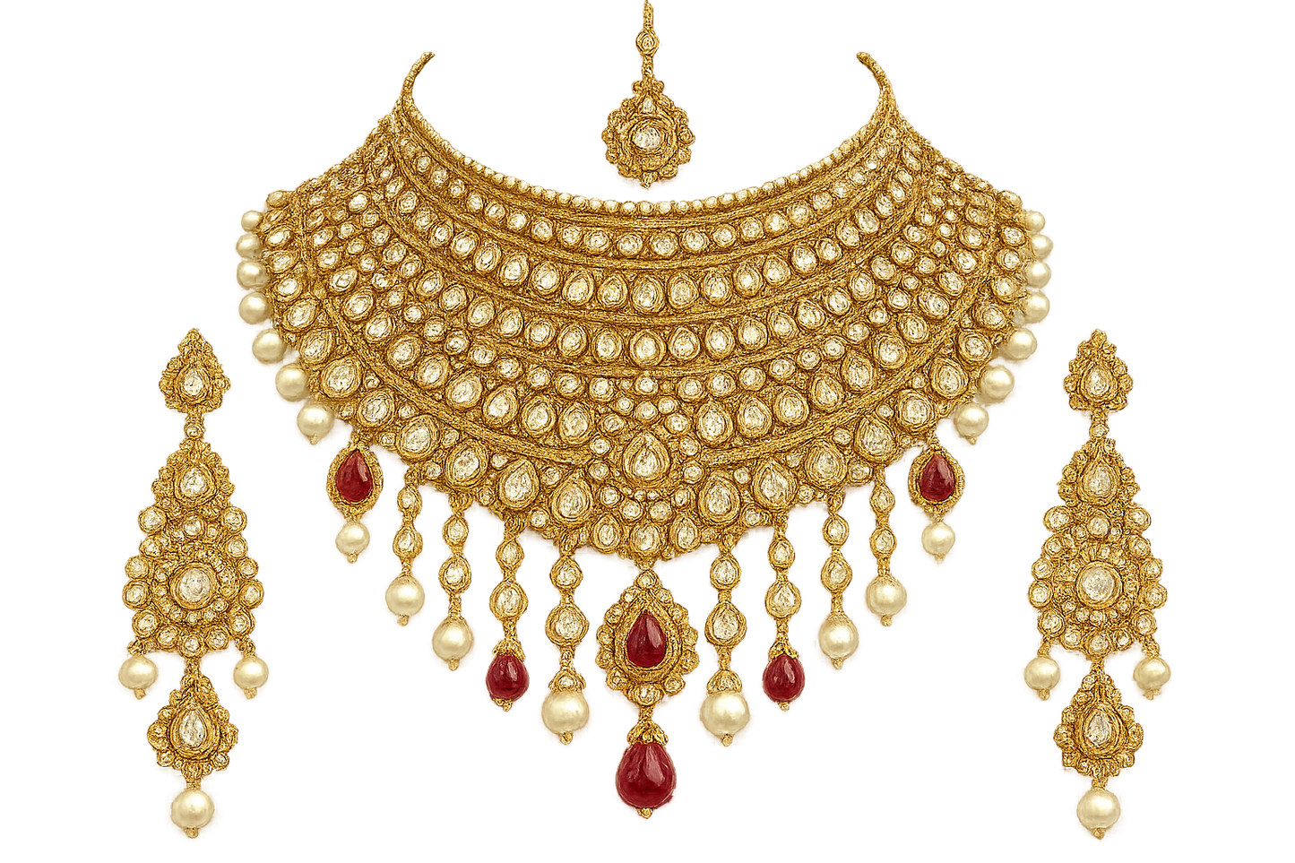 Royal bridal jewelry set with Kundan work including necklace, earrings and maang tikka. give the image in png format no background