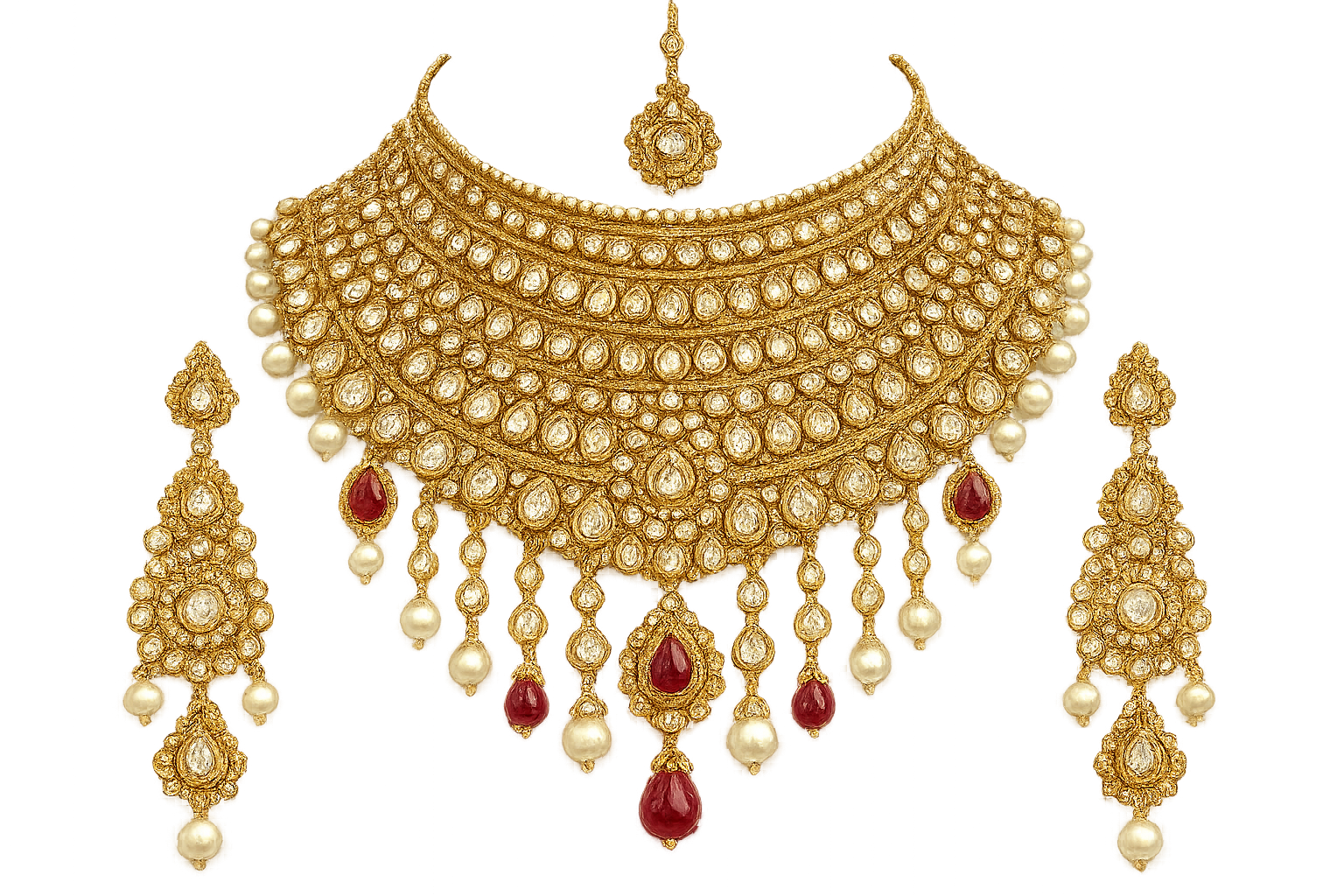 Royal bridal jewelry set with Kundan work including necklace, earrings and maang tikka. give the image in png format no background