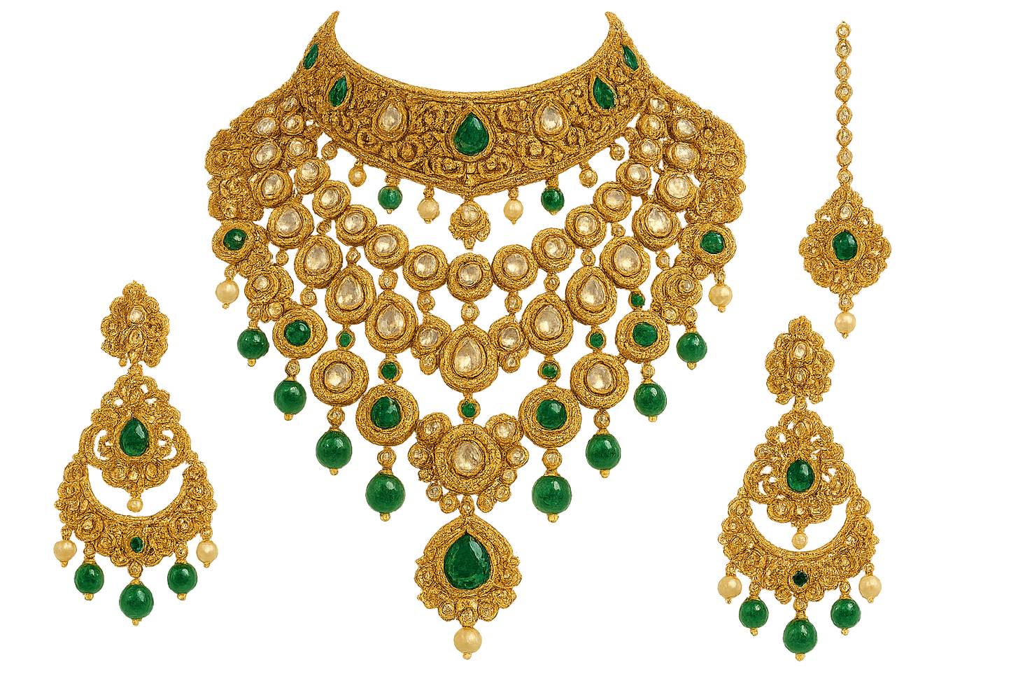 Royal bridal jewelry set with Kundan work including necklace, earrings and maang tikka. with emerald give the image in format no background 